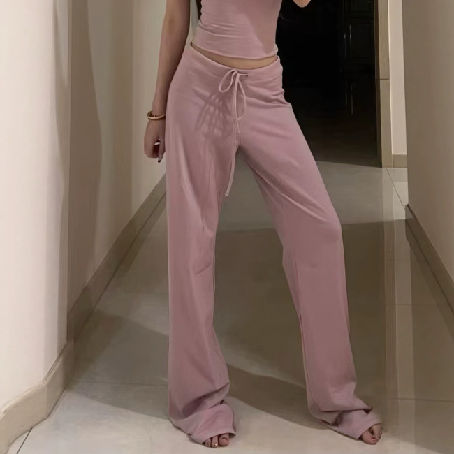 -style women's low-waist drawstring casual pants, cotton-spandex high-elasticity long pants, loose and comfortable, soft cotton with drawstring