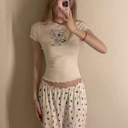Nanyou   Easter limited edition lamb print graffiti lace short-sleeve T-shirt and pants set