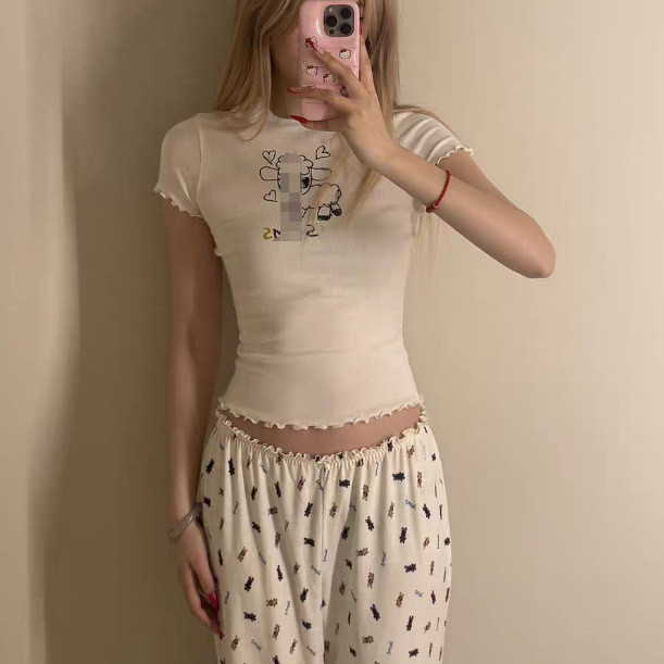 Nanyou   Easter limited edition lamb print graffiti lace short-sleeve T-shirt and pants set