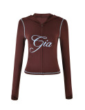 Slim-fit hooded zip-up short jacket and shorts set with letter print and contrast stitching