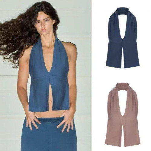 OUTDOOR HEAVY JERSEY HALTER TOP Deep V-neck Backless Camisole Top