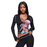 Millennial Girl Elastic Printed Zipper Hooded Top Slim Fit Set