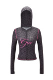 Slim-fit hooded zip-up short jacket and pants set with letter print and contrast stitching