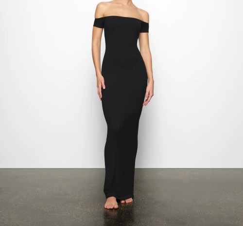 Kendall's new -style off-shoulder vertical stripe modal long dress with elastic shoulders and short sleeves