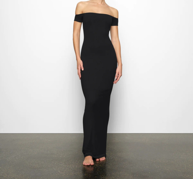 Kendall's new -style off-shoulder vertical stripe modal long dress with elastic shoulders and short sleeves