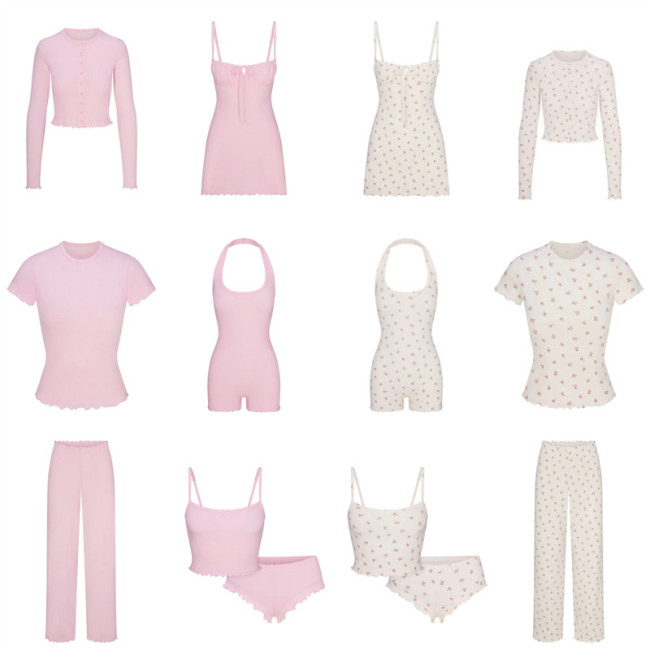 -style European and American sexy LOGO POINTELLE Valentine's Day floral hollow-out cotton set