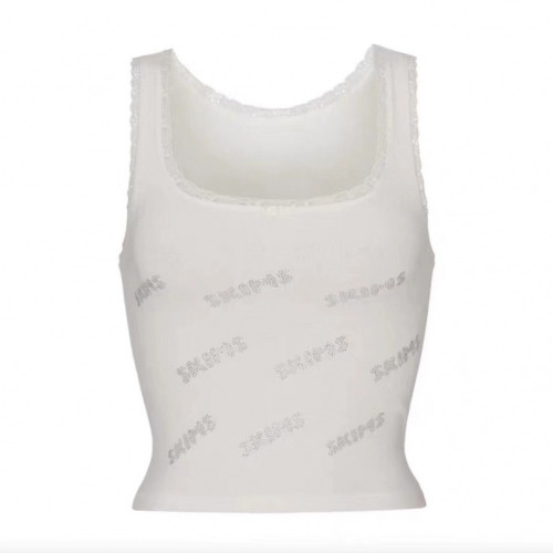 -style pink lace camisole with rhinestone letter logo, stretchy and slimming