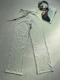 im  Christmas print stretch ribbed knit high-waisted pants with square neckline and lace trim