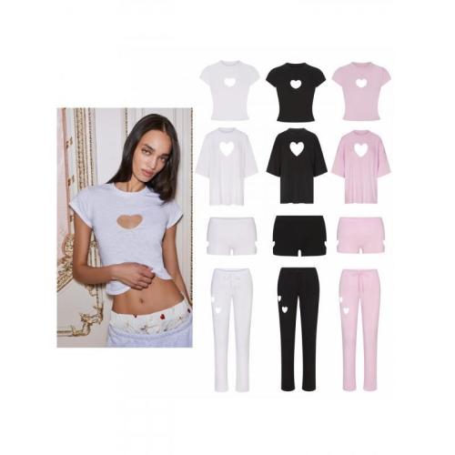 26 New Valentine's Day Limited Edition Heart-Shaped Hollow Short-Sleeve T-Shirt and Straight-Leg Shorts Casual Versatile Set