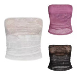 European and American sexy see-through lace hollow-out strapless off-shoulder solid color slim-fit fashionable top