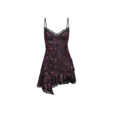 European and American hot girl style sexy lace velvet printed asymmetrical hem slim-fit camisole dress