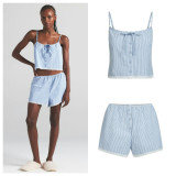 New Buttoned Lace Trim Striped Slim-Fit Camisole Set