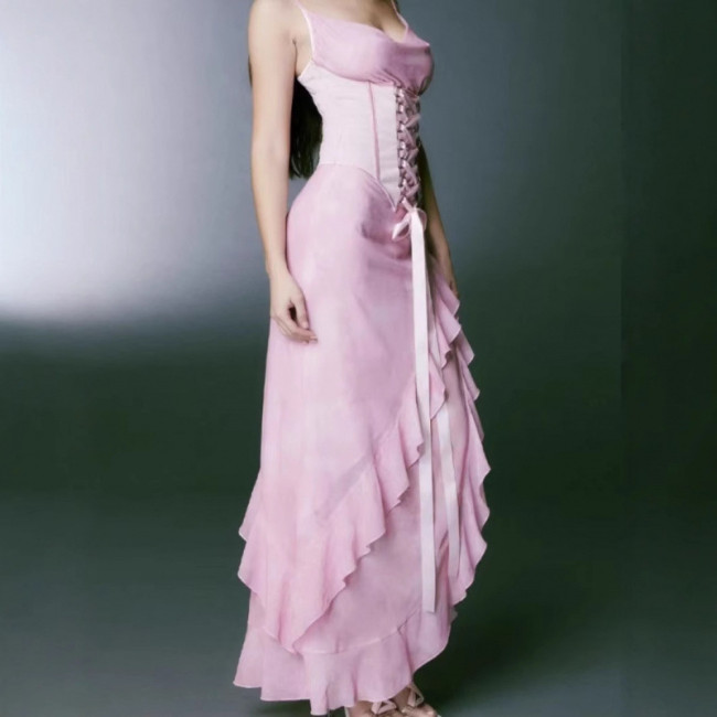 European and American street style sexy camisole with ruffled hem and slit, trendy and slim-fitting