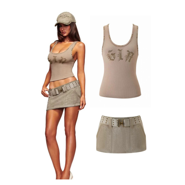 Spicy girl style letter-studded rivet camisole top with low-waist belt and versatile ultra-short skirt two-piece set