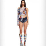 European and American hot girl millennium style printed pattern, asymmetrical one-shoulder cut, sheer sleeves, long top