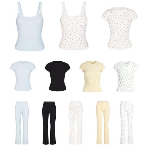 Super cute   S LOUNGE soft ribbed cuffs lace short-sleeve T-shirt with camisole and shorts