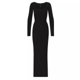 -style pure and alluring slim-fit bodycon black square-neck long-sleeve dress for women