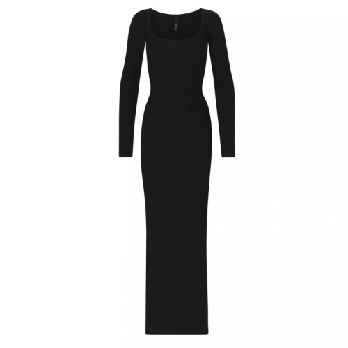 -style pure and alluring slim-fit bodycon black square-neck long-sleeve dress for women