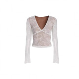 European and American hot girl pure desire lace sexy V-neck long-sleeve top with see-through design, sweet and spicy girl outfit