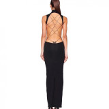 European and American style metallic butterfly cutout backless dress, sexy and slimming, high-neck, slit, elegant long dress