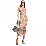 The same style of sexy mesh butterfly print waist-cinching off-shoulder sleeveless bodycon long dress