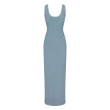 SOFT LOUNGE Lace Floral Stretch Dress Ribbed Backless Strap Long Dress