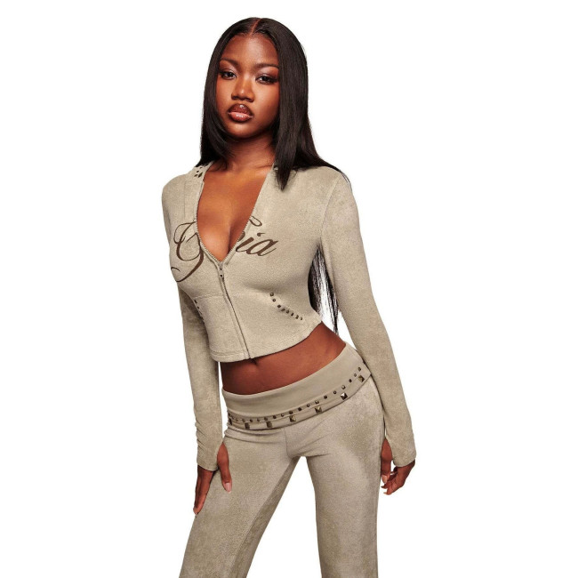 Cross-border European and American autumn new foreign trade Blair rivet print long-sleeve zip-up hooded top set