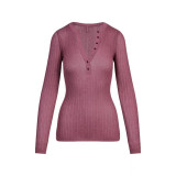 Sheer  ribbed knit V-neck buttoned long-sleeve top T-shirt henley shirt