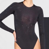 -style long-sleeve rhinestone embellished sexy one-piece top, waist-cinching, slimming, body-shaping T-shirt, versatile style