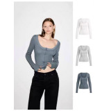 25 Autumn Pure Desire Buttoned Square Neck Long Sleeve T-Shirt for Women Slim Fit Top