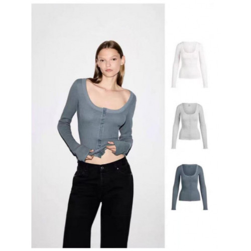 25 Autumn Pure Desire Buttoned Square Neck Long Sleeve T-Shirt for Women Slim Fit Top