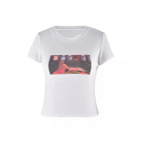 European and American style sexy white printed pattern round-neck slim-fit white cropped short-sleeve top