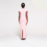 NEW VINTAGE Long Dress with Slit Ribbed Bodycon Dress Short Sleeve Long Dress