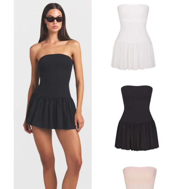 New Summer Style Spicy Girl Puffy Short Skirt for Women, Solid Color Simple Strapless Slim Fit Bud Short Pleated Dress