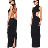 European and American style metallic butterfly cutout backless dress, sexy and slimming, high-neck, slit, elegant long dress