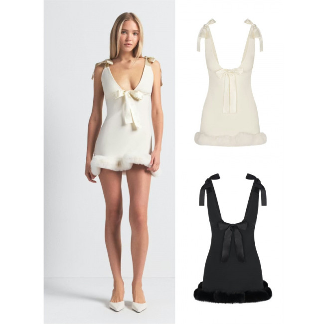 Christmas Limited Edition White Satin Bow Strap Camisole Sexy Furry Mini Dress