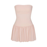 New Summer Style Spicy Girl Puffy Short Skirt for Women, Solid Color Simple Strapless Slim Fit Bud Short Pleated Dress