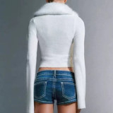 European and American style detachable fur collar tie-up long-sleeve top, sexy slim-fit knitted sweater jacket