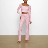 stretch ribbed knit high-waisted pants with square neckline and lace trim