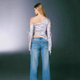 European and American style sexy ribbon jacquard print asymmetrical one-shoulder bell-sleeve off-shoulder top