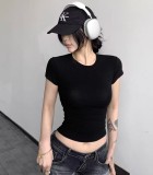 New  top T-shirt, short-sleeved, stretchy, slim-fit, Kylie-style ribbed pure cotton round-neck base shirt