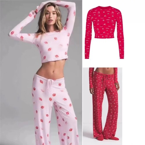 Valentine's Day limited edition -style SLEEP lip print loungewear set with long-sleeve top, long pants, and camisole shorts