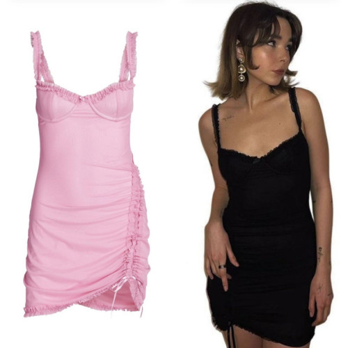 Barbie-style sexy FLEUR lace ruched bow drawstring lace strap bodycon dress