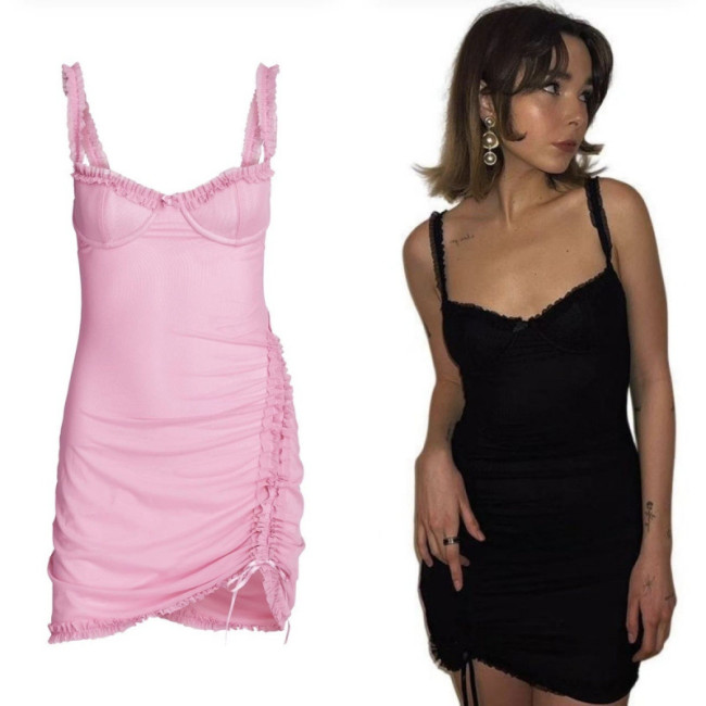 Barbie-style sexy FLEUR lace ruched bow drawstring lace strap bodycon dress