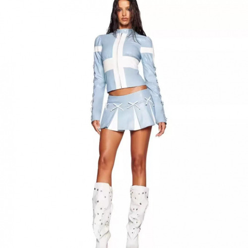 Color-blocked cross-strap pleated shoulder-sleeve zip-up PU leather jacket, pleated skirt, and pants set