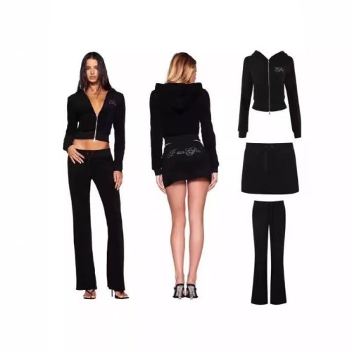 Water-drop rhinestone logo sweatshirt, zip-up sweatshirt jacket, drawstring pants, short skirt, fashionable casual suit
