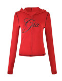 Slim-fit hooded zip-up short jacket and shorts set with letter print and contrast stitching