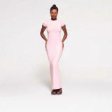 NEW VINTAGE Long Dress with Slit Ribbed Bodycon Dress Short Sleeve Long Dress