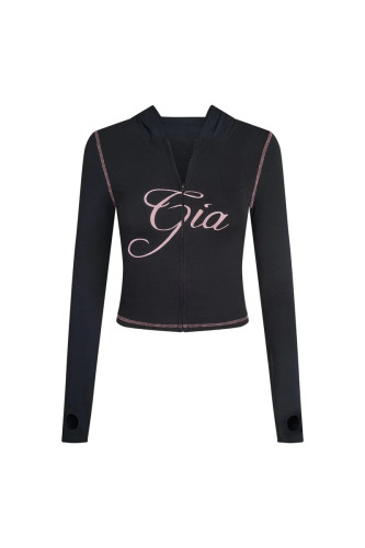 Slim-fit hooded zip-up short jacket and shorts set with letter print and contrast stitching