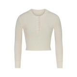 -style long-sleeve T-shirt, new waffle series knitted pullover top, slimming effect